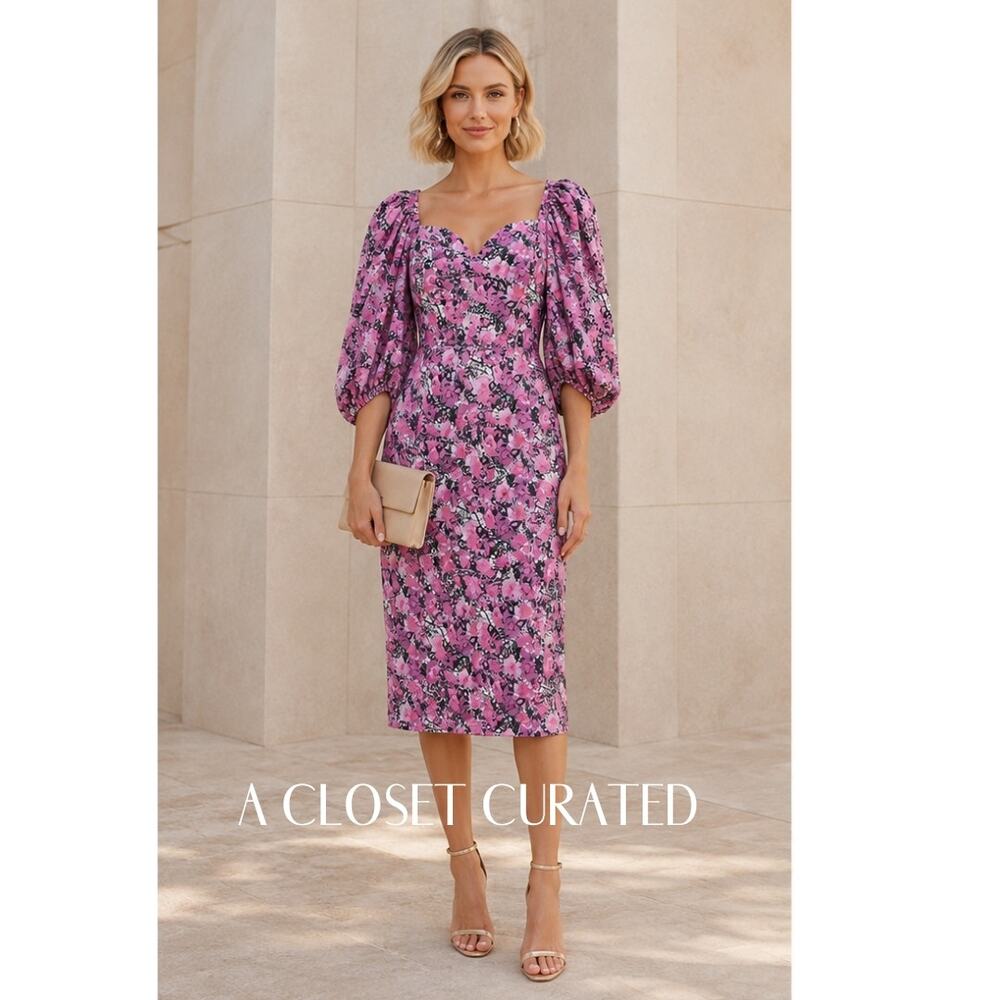 Rotate Birger Christensen Irina Floral Puff Sleeve Midi Dress NEW 8 Purple Pink